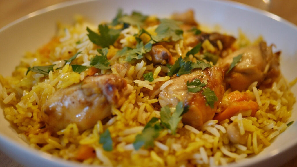 Piatto sano di curry di pollo con riso basmati