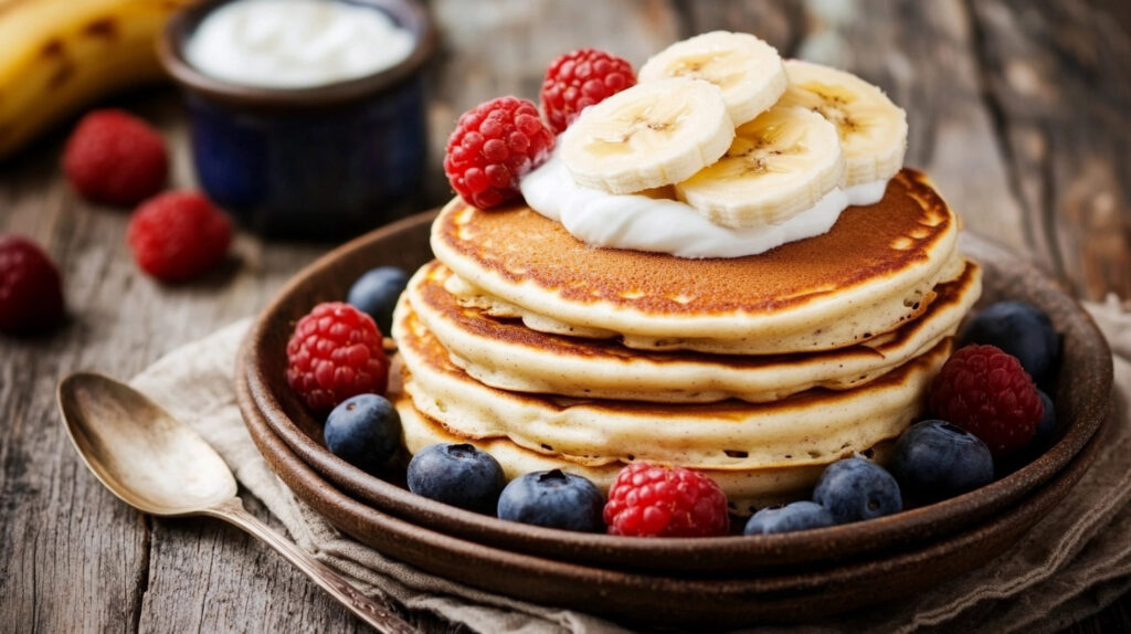 Pancake proteici senza farina con banana e topping di yogurt greco
