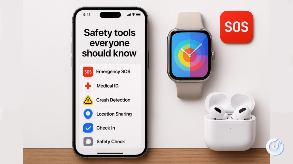 iPhone che mostra le principali funzioni di sicurezza, con Apple Watch e AirPods