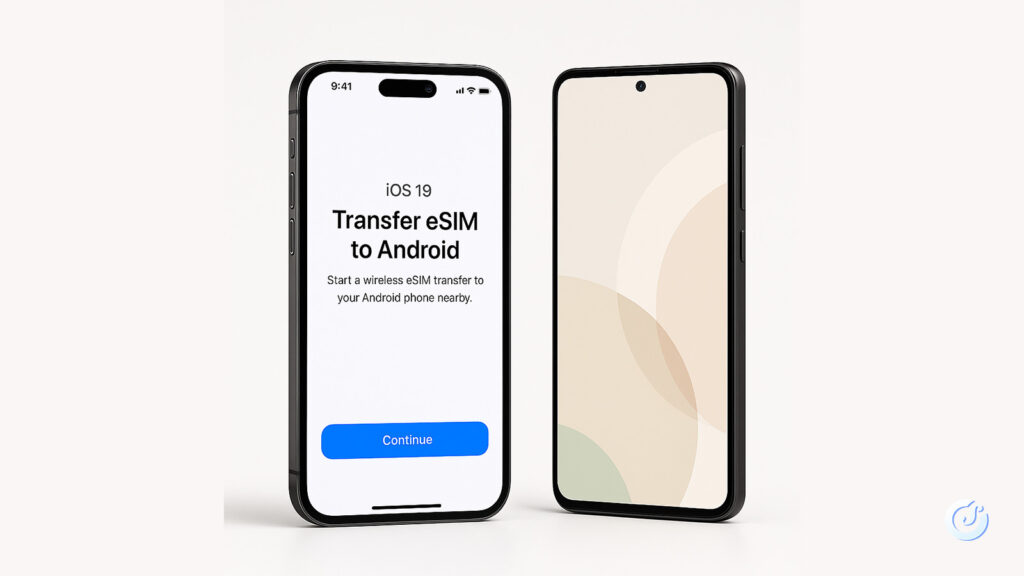 Due smartphone, un iPhone con schermata “Transfer eSIM to Android” di iOS 19 e un Android di fronte, su sfondo chiaro, estetica Apple pulita.