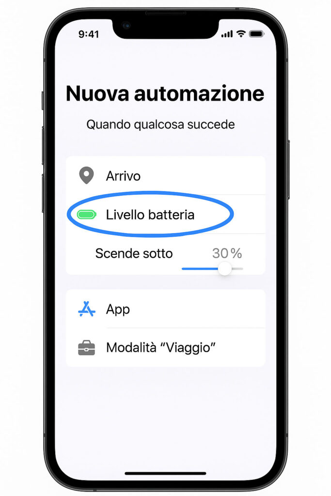 Schermata con la selezione “Livello batteria” nell’app Comandi Rapidi di iPhone
