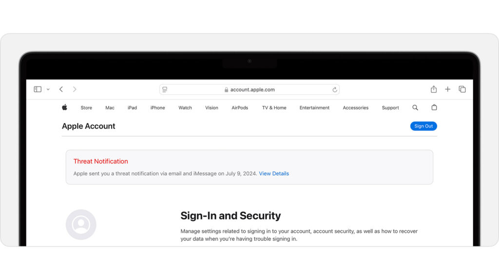 Schermata mac mostra avviso sicurezza Apple per attacco spyware