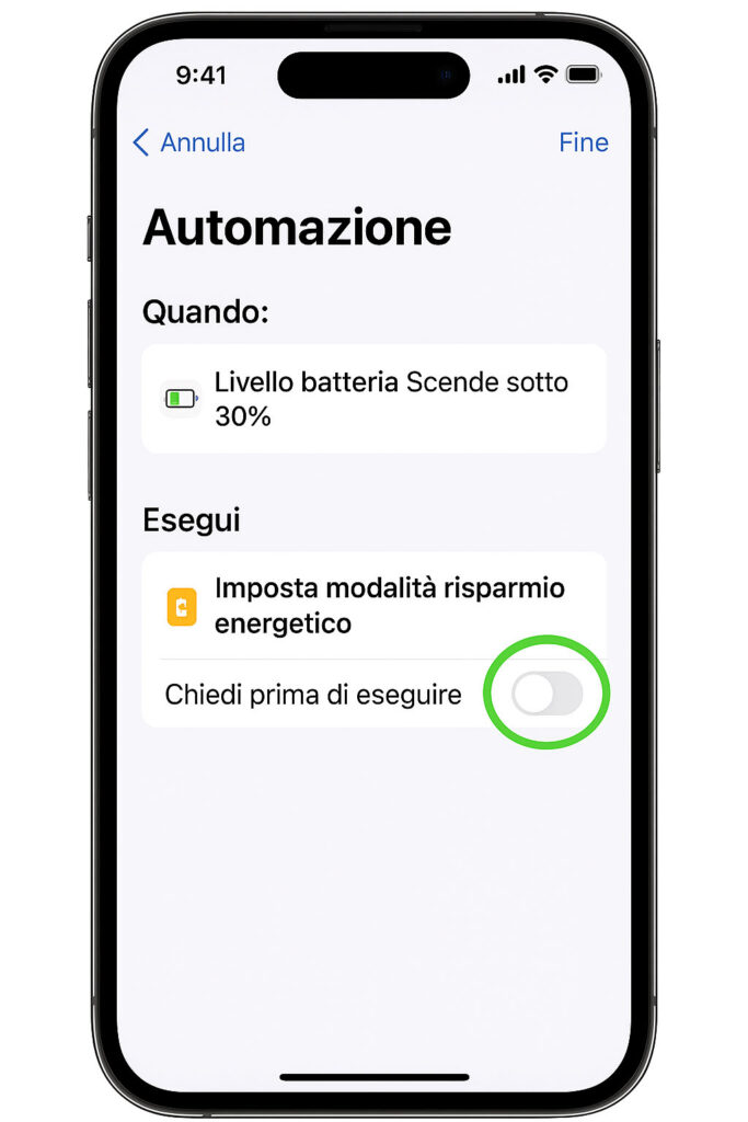 Impostazione finale automazione modalità Risparmio energetico con Chiedi prima di eseguire disattivato