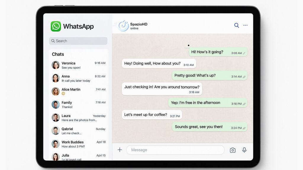Schermata dell’app ufficiale WhatsApp su iPad con interfaccia ottimizzata