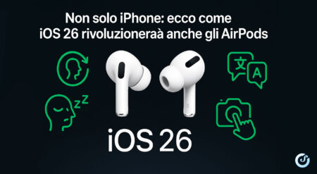 AirPods su sfondo scuro con icone delle nuove funzioni di iOS 26
