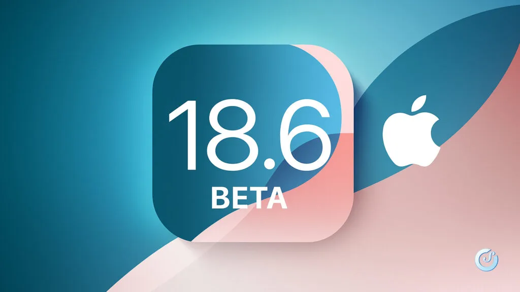 Logo iOS 18.6 Beta su sfondo moderno sfumato con Apple