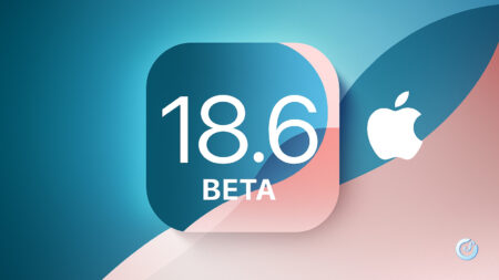 Logo iOS 18.6 Beta su sfondo moderno sfumato con Apple