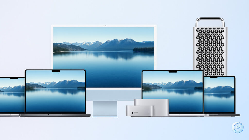 Lineup Mac Apple: MacBook, iMac, Mac mini e Mac Pro su sfondo chiaro sfumato