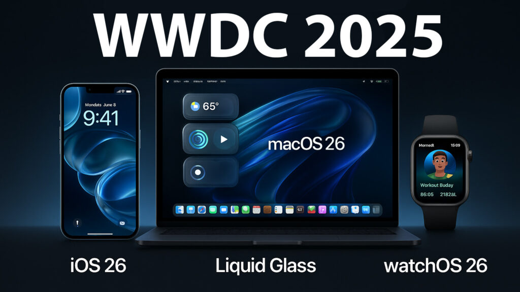 Grafica WWDC 2025, dispositivi Apple con interfaccia Liquid Glass, iOS 26, macOS 26, watchOS 26