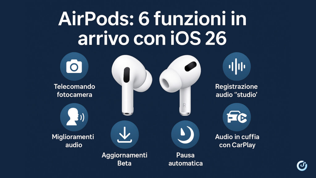 AirPods novità iOS 26 controllo fotocamera, audio studio, pausa automatica