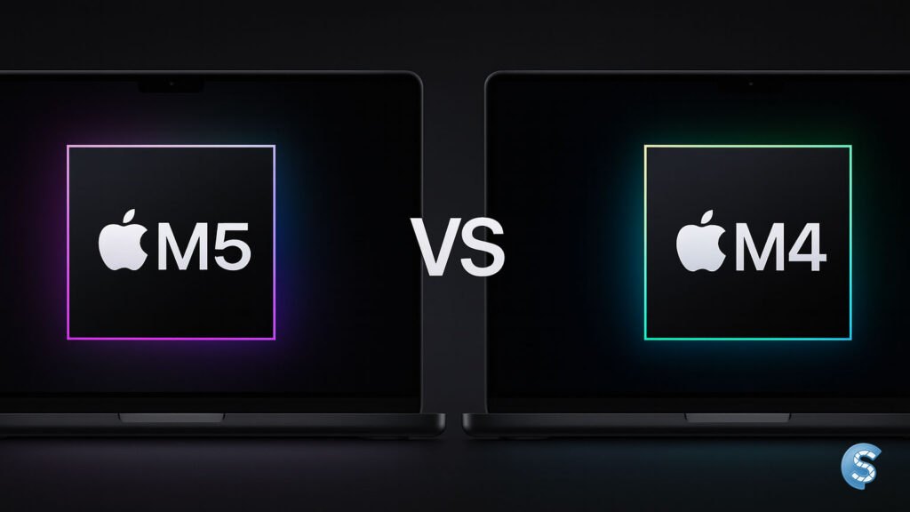 Due MacBook Pro affiancati con i loghi Apple M5 e M4 a confronto su sfondo nero lucido, simbolo del confronto tra i nuovi chip Apple Silicon