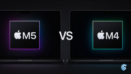 Due MacBook Pro affiancati con i loghi Apple M5 e M4 a confronto su sfondo nero lucido, simbolo del confronto tra i nuovi chip Apple Silicon