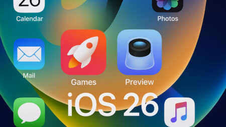 iPhone iOS 26 Home screen con app Games e Preview