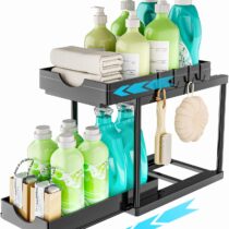 ⭕️ARSTPEOE Organizer Sottolavello Cucina - Cassetto Estraibile, Scaffale Cucina a 2 Livelli, Mobile Sottolavello con Ganci, Organizer Cassetti, Nero, 1 Pezzi