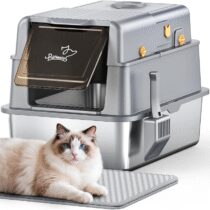 ⭕️PalNests Lettiera per Gatti in Acciaio Inox, Lettiera per Gatti XXL con Coperchio Ribaltabile a 105° e Paletta, Lettiere in Metallo Rimovibile con Carbone Attivo, con Deodorante per Lettiere per Gatto