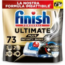 ⭕️Finish Ultimate PLUS Infinity Shine Pastiglie Lavastoviglie, 73 Capsule Lavastoviglie, Pastiglie per Lavastoviglie con Scudo Protettivo contro lo Sporco e i Residui Incrostati