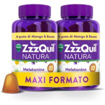 ⭕️ZzzQuil Natura, Melatonina Per Dormire, Integratore con Melatonina pura ed Estratti Di Valeriana, Camomilla e Lavanda, Maxi Formato 2x72 Pastiglie Gommose, Gusto Mango e Banana