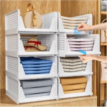 ⭕️TidyIsles Wardrobe Storage Organiser - 4 Pack Folding Closet Organisers, Stackable Storage Boxes, Plastic Drawer Organiser Basket for Bedroom Kitchen Bathroom White
