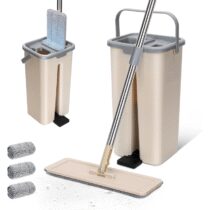 ⭕️Mocio Lavapavimenti con Secchio, Masthome Mocio Rotante a 360° e Secchio Autolavaggio, Mocio Secchio e Strizzatore con 3 Tamponi Microfibra, Mocio Pavimenti per Parquet Legno (Beige)
