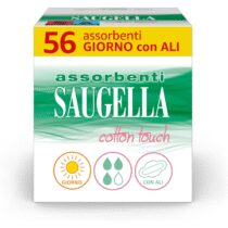 ⭕️Saugella Assorbenti Cotton Touch Giorno, 56 Assorbenti Cotone Giorno con Ali, Azione Antibatterica, Antiodore e Lenitiva