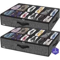 ⭕️homyfort Set di 2 Organizzatore Scarpe Sottoletto con Coperchio Trasparente - Custodia Portascarpe a 12 Scomparti Organizer Pieghevole in Tessuto, Nero Lino, XAUBSB2P