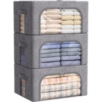⭕️Lifewit 3 pezzi Scatole per Armadio Rigide con Cerniera, Organizzatore Armadio con Struttura in Metallo Pieghevole, Contenitori per Armadio Impilabili per Vestiti, Trapunte, Piumone, Grigio, 25L