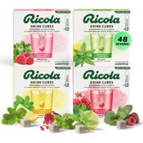 ⭕️waterdrop® x Ricola - 48 Cubetti per Acqua - Pacchetto di Prova 4 Gusti Aromatizzanti - Lampone Melissa, Verbena Agrumi, Melagrana Menta & Limone Menta, Insaporitore Acqua Senza Zucchero, Vitamina C