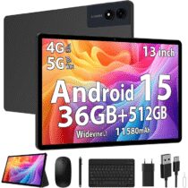 ⭕RUSHAR Tablet 13 Pollici Android 15 con 36GB RAM+512GB ROM(TF 2TB), 4G LTE/SIM & 5G WiFi, INCEL 3K HD, 11580mAh/Octa Core/Gemini AI/13MP+8MP/90H/18W/GPS/Widevine L1/BT5.0, Tablet con Tastiera, Nero