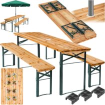 ⭕tectake® Set da Birra, 3 Pezzi, Tavolo e Panche, Montaggio Rapido, Mobili da Giardino in Acciaio e Legno Idrorepellente, Tavolo Pieghevole - Set da Birra con Supporto Ombrellone, Tavolo 170x23x47,5 cm