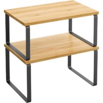 ⭕️SONGMICS Scaffale Portaspezie, Set di 2 Organizzatori da Cucina Espandibili, Scaffale da Cucina Impilabile, Metallo e Legno Ingegnerizzato, Nero Inchiostro e Beige Naturale KCS02NB