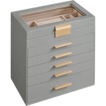 ⭕️SONGMICS Scatola Portagioie, 6 Livelli, Coperchio in Vetro, 5 Cassetti, Porta Gioielli, Occhiali da Sole e Accessori Grandi, Moderno, Grigio Tortora e Dorato JBC171G01