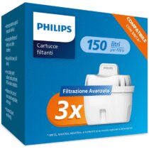 ⭕️Philips Water Cartucce filtranti sostitutive Filtrazione Avanzata, 3 unità, compatibili con Brita, riducono MICROPLASTICA, CLORO, CALCARE, METALLI PESANTI