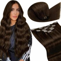⭕️LaaVoo Extension Capelli Veri Clip Marrone Cioccolato Extension con Clip Remy Naturali Liscio Extension Clip Capelli Umani Corti Lisci 35 cm 80g 5pcs #4
