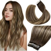 ⭕️LaaVoo Extension Capelli Veri Biadesivo 40pz - Balayage Marrone Scuro Mix Biondo Caramello Capelli Lisci Remy - Extension Biadesive Capelli Veri Invisibile Adesive 45cm 100g #4/27/4